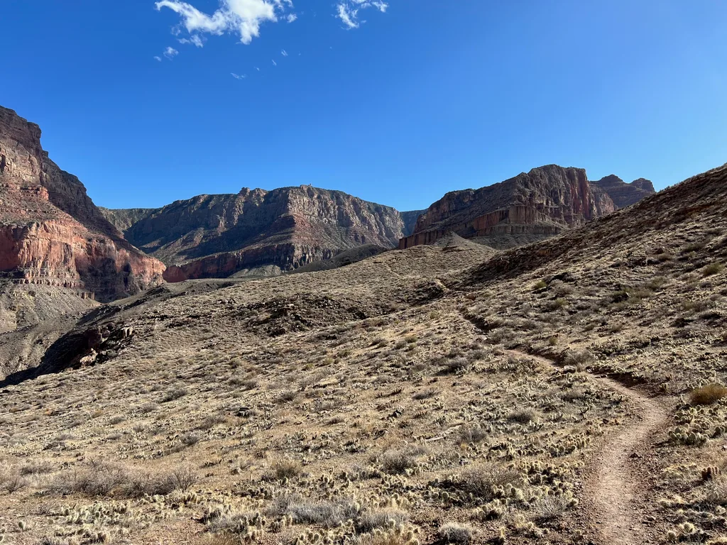 Narrow dirt trail winding across a pale slope studded with low prickly pear, red cliff walls behind