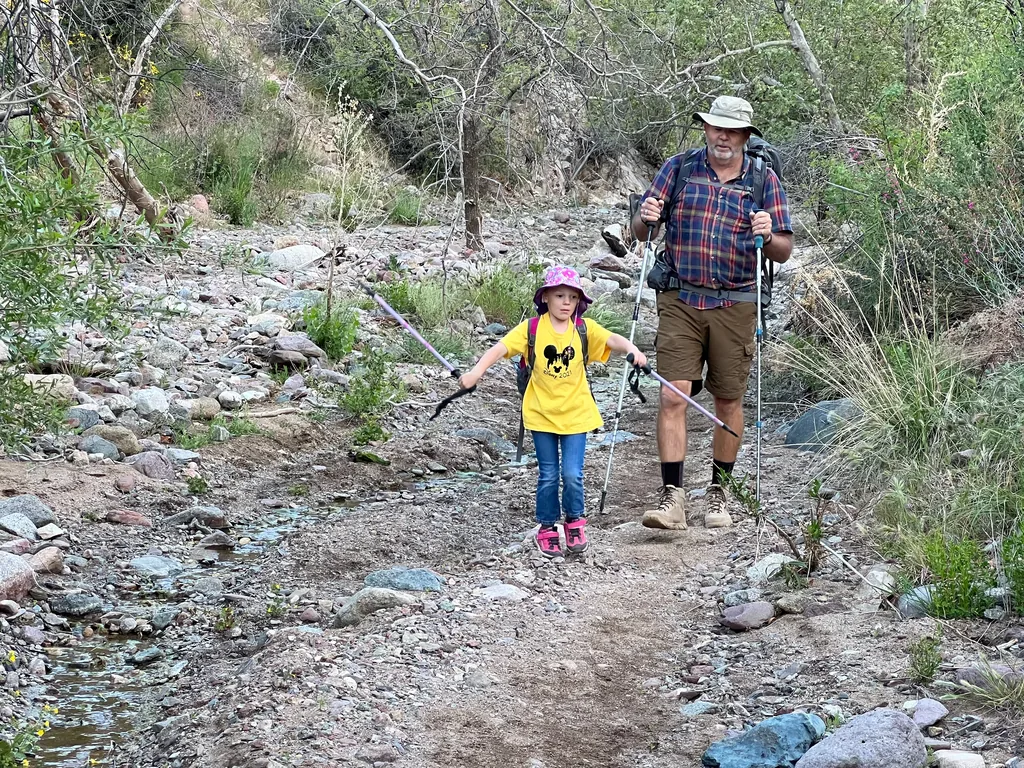 Girl in pink bucket hat and yellow shirt holding trekking poles wide, walking a rocky wash beside a bearded man in plaid