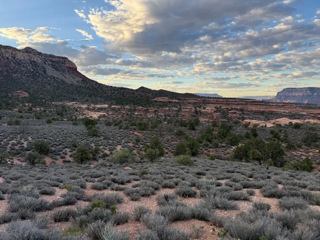 Grey sagebrush and pink gravel flat running to a red-banded cliff on the left, broken cloud overhead