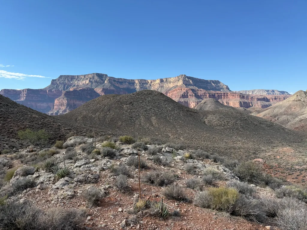 Rocky foreground ridge with agave and dry shrubs, dark shadowed hills behind, banded red and tan cliffs lit in the distance under clear blue sky